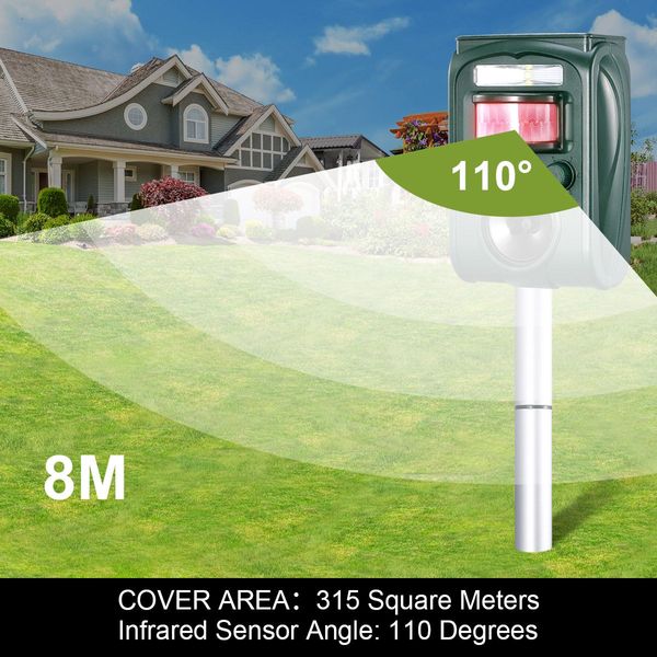 315Sqm Area Solar Ultrasonic Pest Repeller Flash Light Animal Deterrent For Bird Fox Cat Racoon Bat