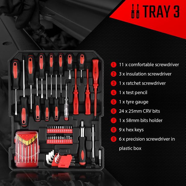 Wheeled 960 Pcs Tool Kit Trolley Case W/4 Storage Trays 1 Toobox Meets All Repair Needs-Black