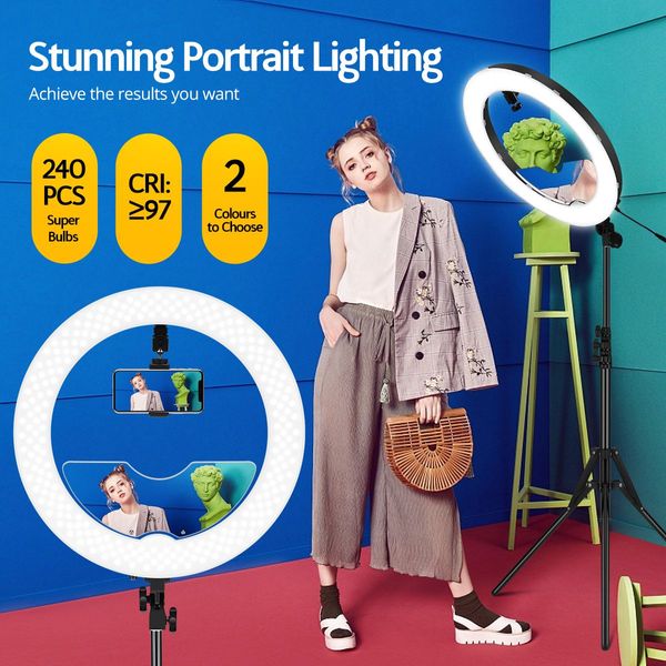 240-Bulb Cri??97% 18?? Pro Led Ring Light For Makeup Selfie Photo Live Stream,Height Adjustable