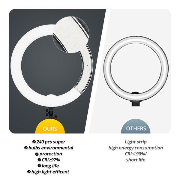 240-Bulb Cri??97% 18?? Pro Led Ring Light For Makeup Selfie Photo Live Stream,Height Adjustable