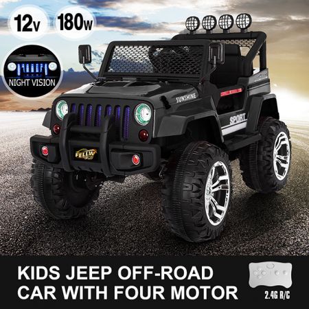 Kids 12V 3-6Km/H Ride On Jeep Off Road Car W/Flash Light Music,Safe Romote Control,28Cm Seat-Black