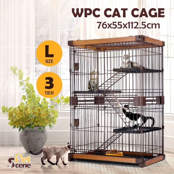 Large 3-Tier Sturdy Wire Steel Pet Cage Cat House W/Wpc Frame, 2 Security Doors, Slide Out Tray