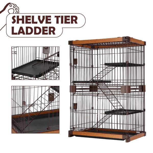 Large 3-Tier Sturdy Wire Steel Pet Cage Cat House W/Wpc Frame, 2 Security Doors, Slide Out Tray