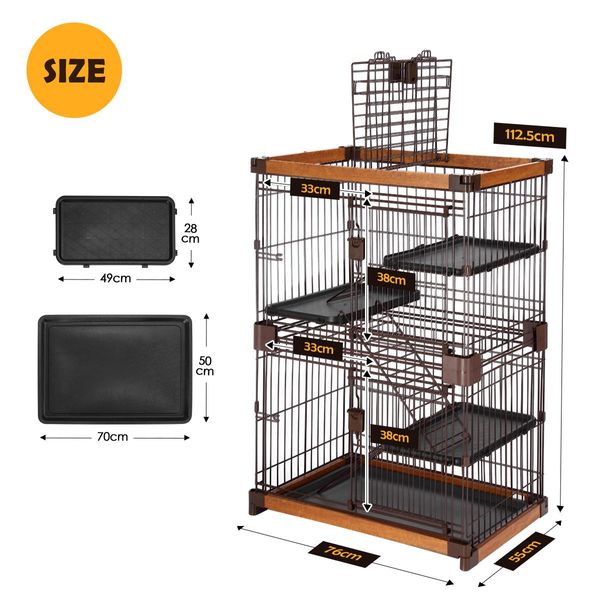 Large 3-Tier Sturdy Wire Steel Pet Cage Cat House W/Wpc Frame, 2 Security Doors, Slide Out Tray