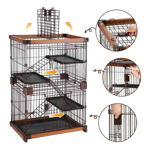 Large 3-Tier Sturdy Wire Steel Pet Cage Cat House W/Wpc Frame, 2 Security Doors, Slide Out Tray