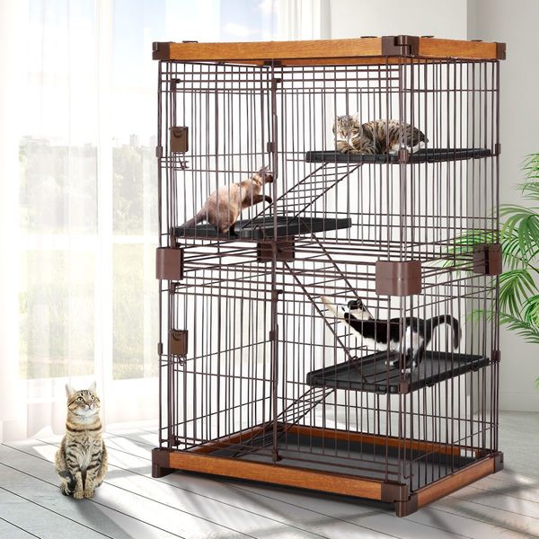 Large 3-Tier Sturdy Wire Steel Pet Cage Cat House W/Wpc Frame, 2 Security Doors, Slide Out Tray