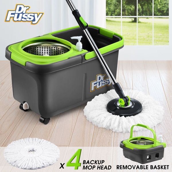 Self Wringing Wheeled Bucket Spin Mop System W/4Pcs Swivel Mop Head For Various Cleaning Surface