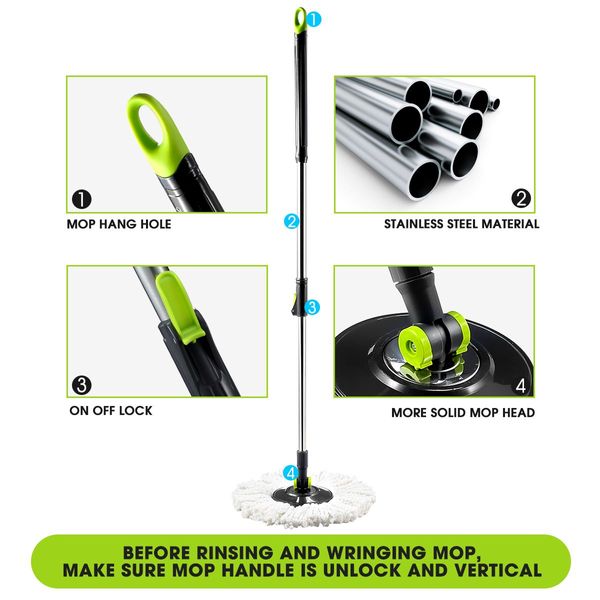 Self Wringing Wheeled Bucket Spin Mop System W/4Pcs Swivel Mop Head For Various Cleaning Surface