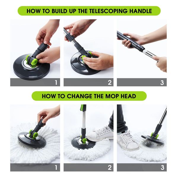 Self Wringing Wheeled Bucket Spin Mop System W/4Pcs Swivel Mop Head For Various Cleaning Surface