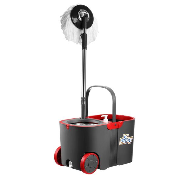 Wheeled Red Bucket + Handle Length Adjustable Spin Mop W/4Pcs Super Absorbent Swivel Mop Head