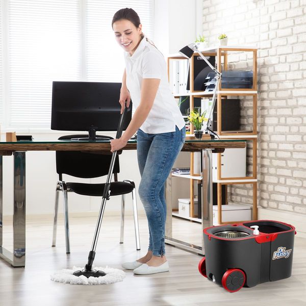 Wheeled Red Bucket + Handle Length Adjustable Spin Mop W/4Pcs Super Absorbent Swivel Mop Head