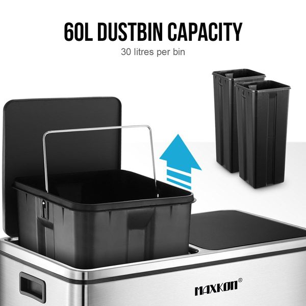 60L Dual Compartment Recycling Pedal Bin Waste Garbage Can Stainless Steel Anti Rust