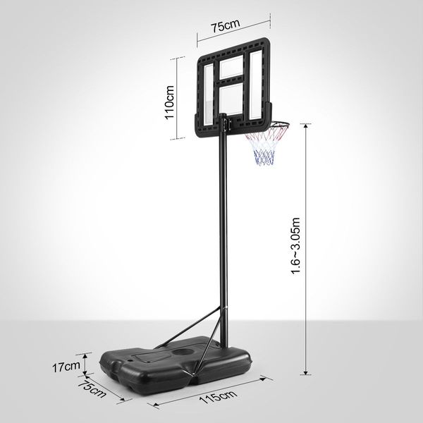 1.6-3.05M Portable Basketball Hoop Stand W/ Ring Backboard Stable Base For Junior Adult