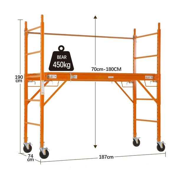 70-180Cm Height Adjustable Mobile Safety Scaffold Max 450Kg Load W/3 Lock System-Yellow