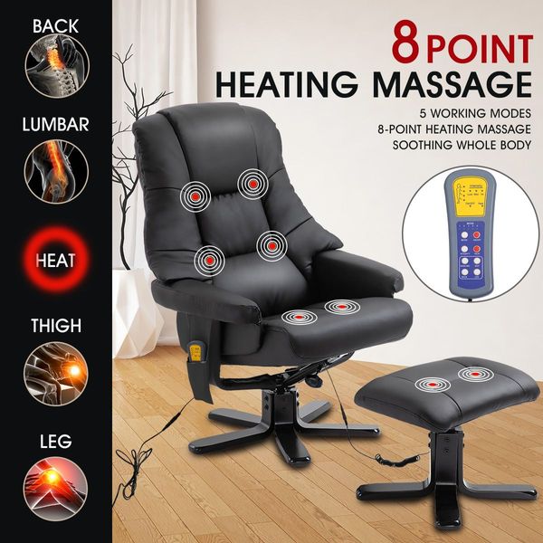 Office 8 Point Heating Swivel Massage Chair Thick Padding Recliner W/ Foot Rest Set-Black