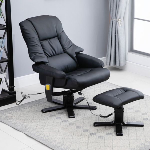 Office 8 Point Heating Swivel Massage Chair Thick Padding Recliner W/ Foot Rest Set-Black