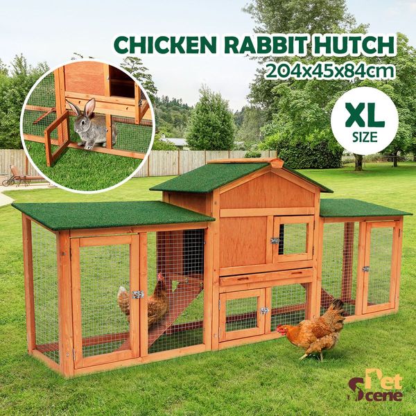 Xl Sturdy Wooden Waterproof Rabbit Hutch Chicken Coop Cage W/Up Down Ramp-204X45X84Cm