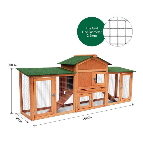 Xl Sturdy Wooden Waterproof Rabbit Hutch Chicken Coop Cage W/Up Down Ramp-204X45X84Cm