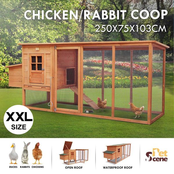 Xxl Well-Ventilated Chicken Coop Rabbit Hutch Cage W/Water Proof Roof, 2.5M Logn Run