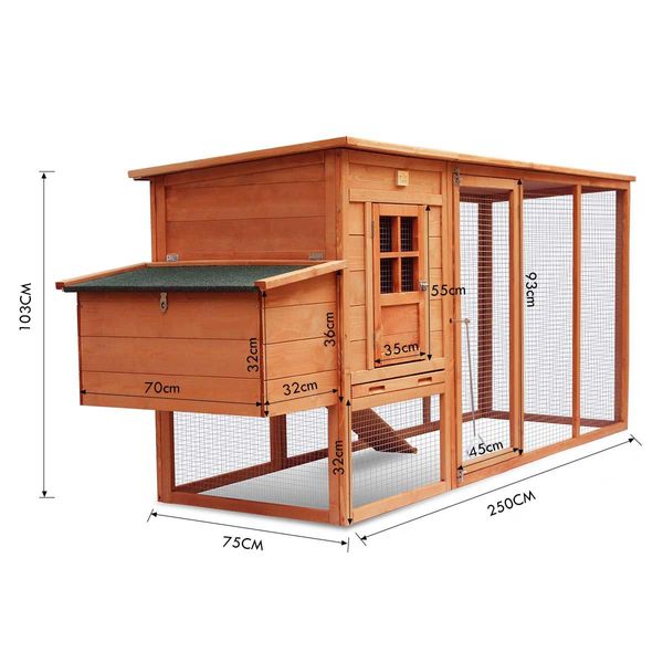 Xxl Well-Ventilated Chicken Coop Rabbit Hutch Cage W/Water Proof Roof, 2.5M Logn Run