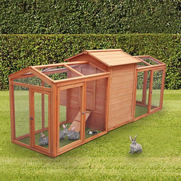 XXL Strong Fir Wood Chicken Coop Rabbit Hutch Cage W/Water Proof Roof, 2.84M Long Tracks