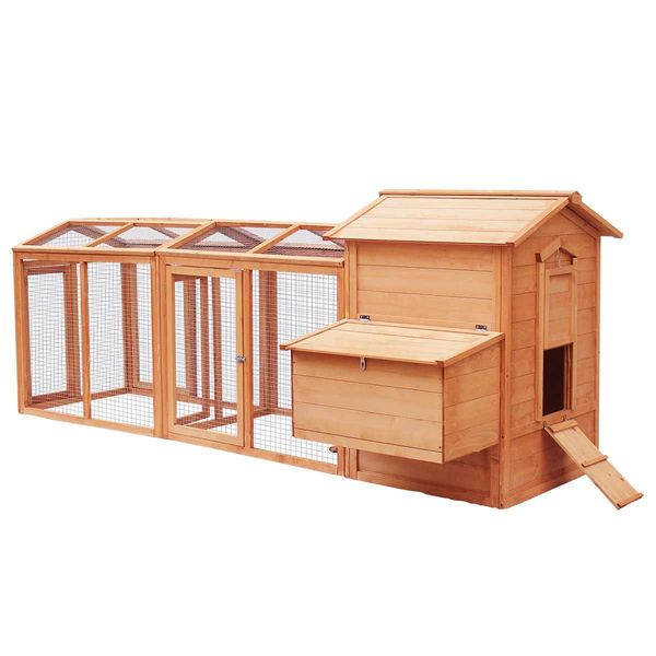 XXL Strong Fir Wood Chicken Coop Rabbit Hutch Cage W/Water Proof Roof, 2.84M Long Tracks