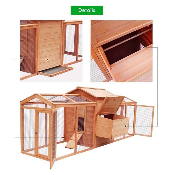 XXL Strong Fir Wood Chicken Coop Rabbit Hutch Cage W/Water Proof Roof, 2.84M Long Tracks