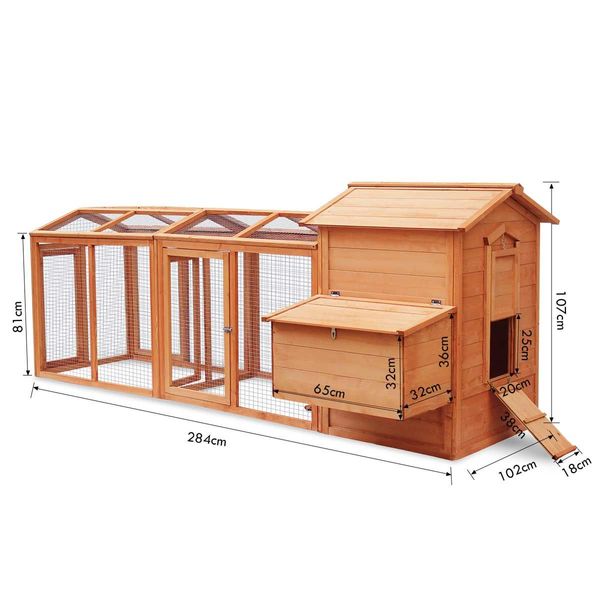 XXL Strong Fir Wood Chicken Coop Rabbit Hutch Cage W/Water Proof Roof, 2.84M Long Tracks