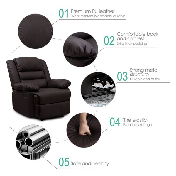 Super Soft Pu Leather High Density Foam 135° Recliner Arm Chair W/Adjustable Footrest