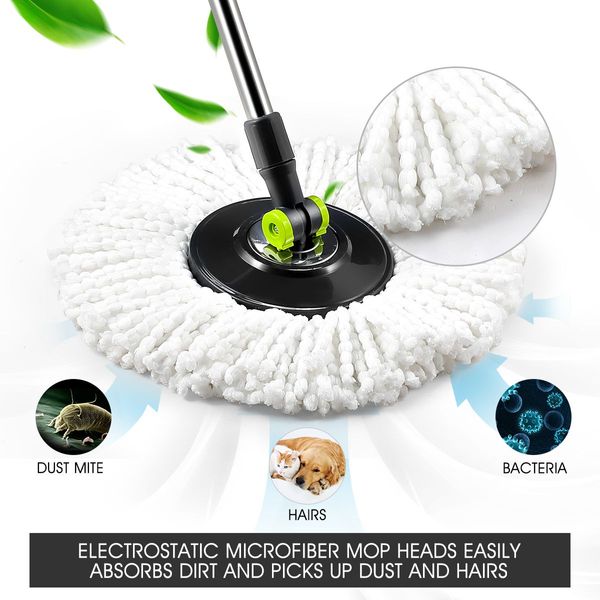 Wheeled Bucket + Handle Length Adjustable Spin Mop W/4Pcs Super Absorbent Swivel Mop Head