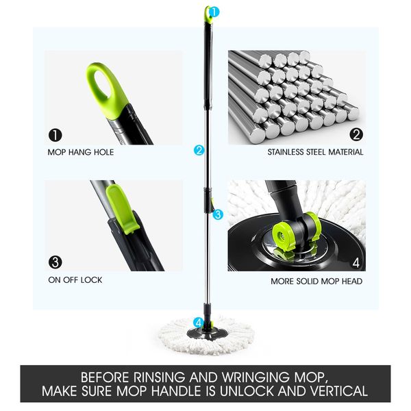 Wheeled Bucket + Handle Length Adjustable Spin Mop W/4Pcs Super Absorbent Swivel Mop Head