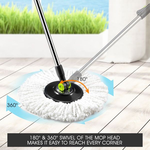 Wheeled Bucket + Handle Length Adjustable Spin Mop W/4Pcs Super Absorbent Swivel Mop Head