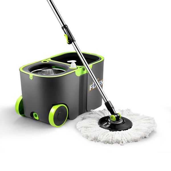 Wheeled Bucket + Handle Length Adjustable Spin Mop W/4Pcs Super Absorbent Swivel Mop Head