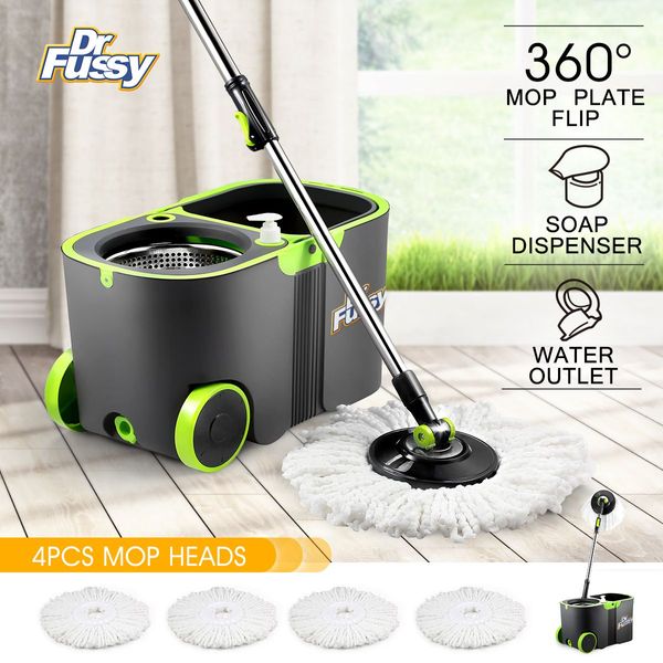 Wheeled Bucket + Handle Length Adjustable Spin Mop W/4Pcs Super Absorbent Swivel Mop Head