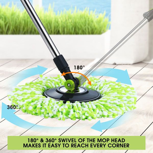 Easy Wringer Wheeled Bucket + Handle Length Adjustable Spin Mop W/4Pcs Swivel Mop Head