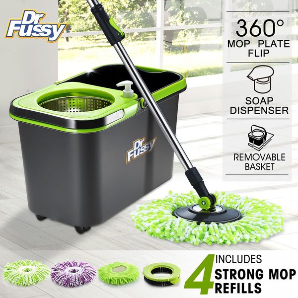 Easy Wringer Wheeled Bucket + Handle Length Adjustable Spin Mop W/4Pcs Swivel Mop Head