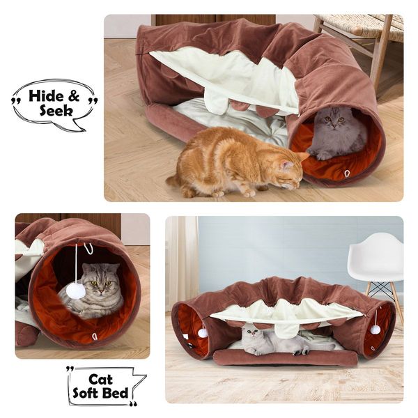 Cat Tunnel W/ Hanging Ball + Relaxing Cosy Bed Best Toy Furniture Gift For Cat