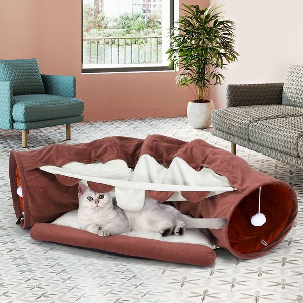 Cat Tunnel W/ Hanging Ball + Relaxing Cosy Bed Best Toy Furniture Gift For Cat