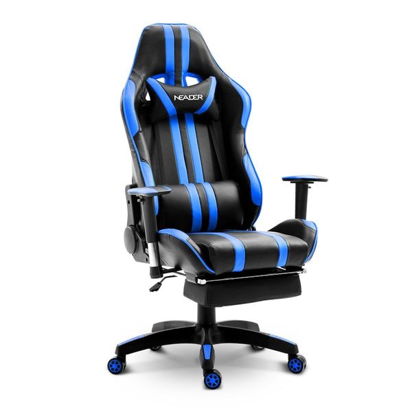 XL Gaming Racing Thick Padded Office Chair W/180 Degree Reclining Max Comfort-Blue/Black