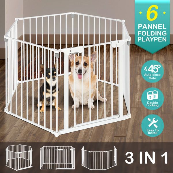 6 Panels Shape Adjustable Foldable Kids Pet Metal Playpen Fence W/2 Locking System