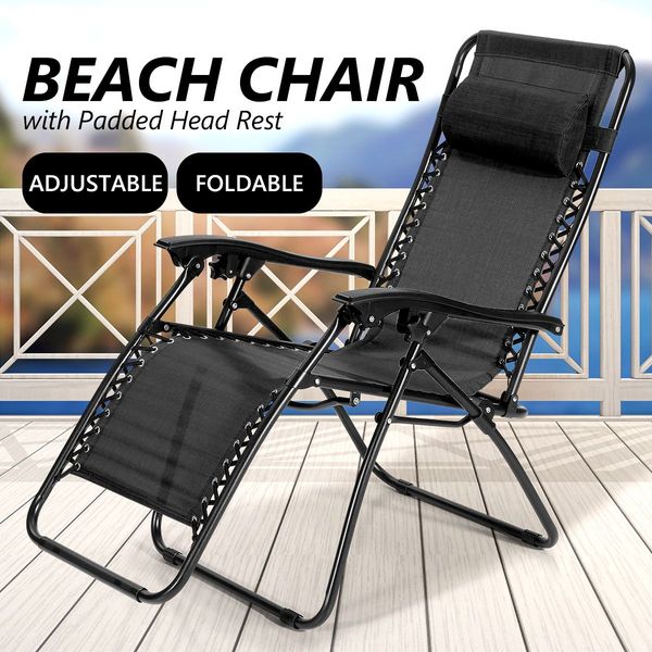 Foldable 0 Gravity Sun Bath Bed Beach Recliner Chair W/ Padded Headrest-Black