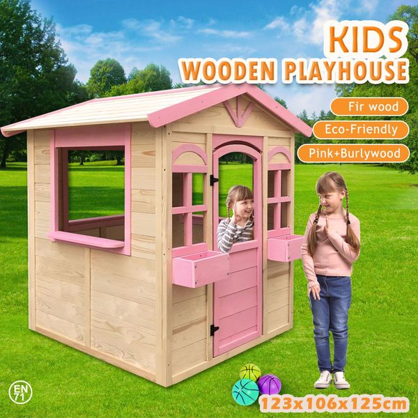 Kids Wooden Cubby House Backyard Play Weather-Resistant Eco Friendly