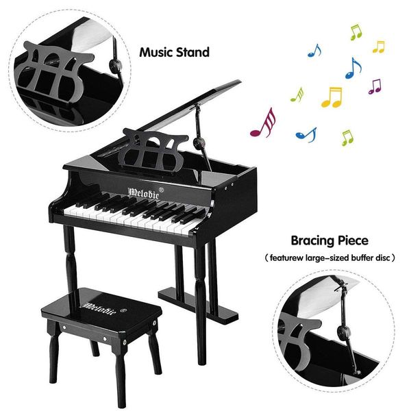 Classical Wooden Kids 30 Keys Piano W/ Bench Great For Gift-Black