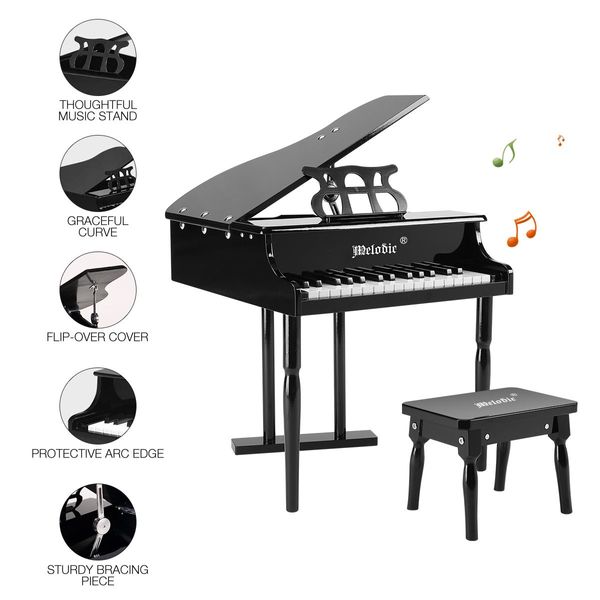 Classical Wooden Kids 30 Keys Piano W/ Bench Great For Gift-Black