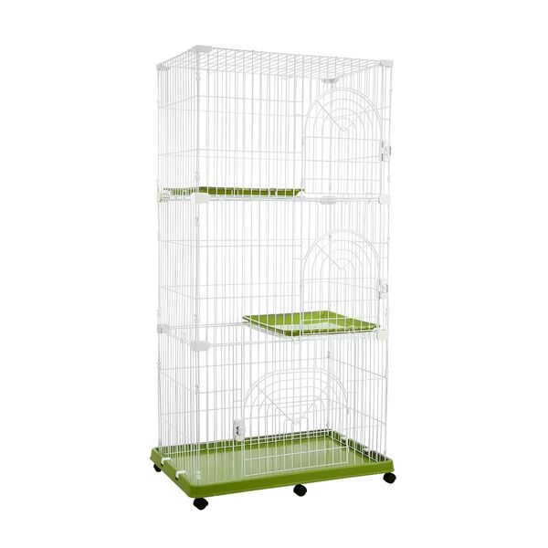 L Wheeled Sturdy Wired 3 Tiers Cat Cage Pet Crate W/Easy Clean Trays