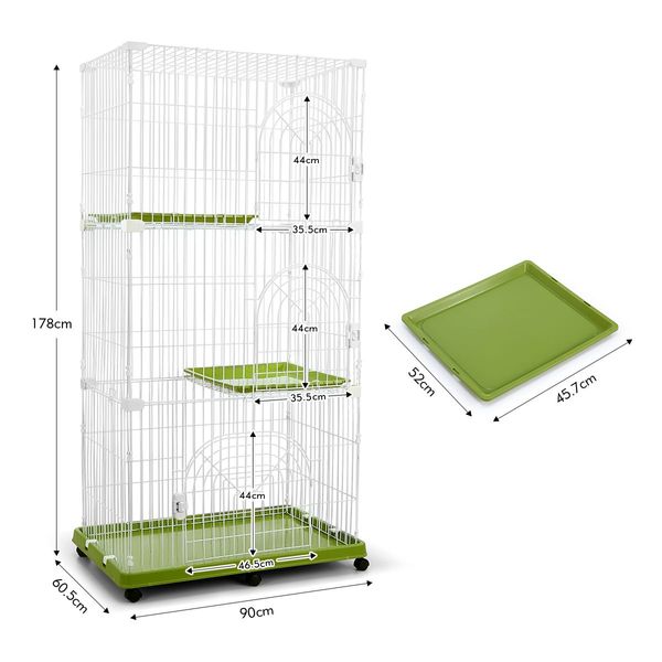 L Wheeled Sturdy Wired 3 Tiers Cat Cage Pet Crate W/Easy Clean Trays