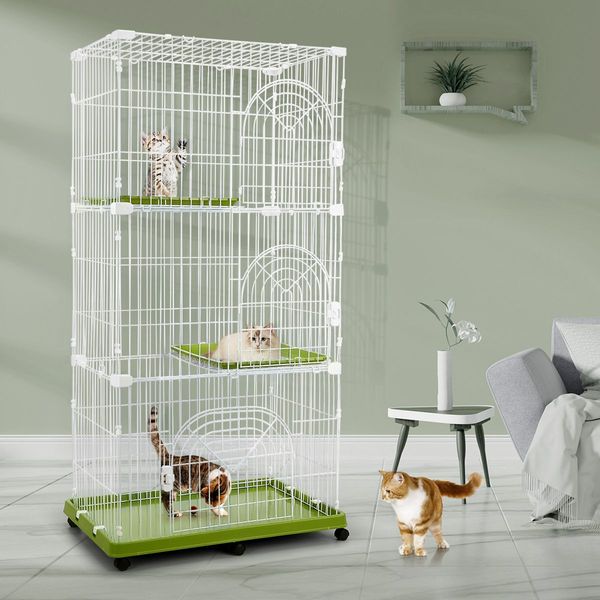 L Wheeled Sturdy Wired 3 Tiers Cat Cage Pet Crate W/Easy Clean Trays