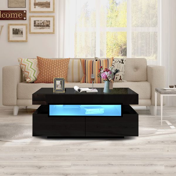 Rectangle Modern High Gloss Coffee Table 4 Drawer Storage Unit Furniture with Shelves LED Lights Black