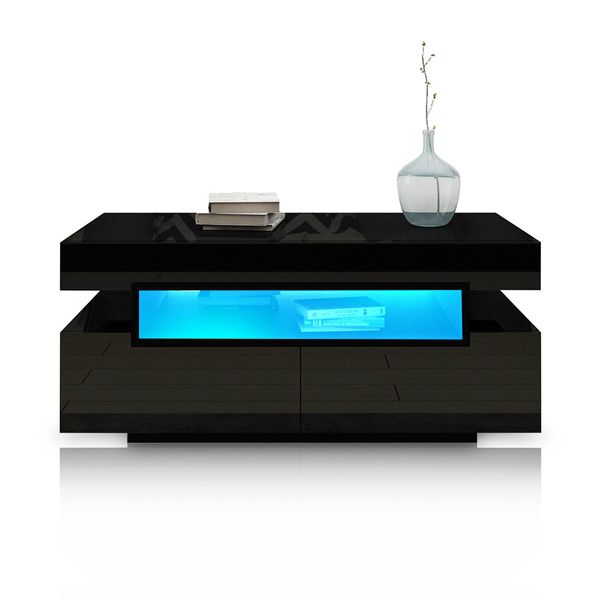 Rectangle Modern High Gloss Coffee Table 4 Drawer Storage Unit Furniture with Shelves LED Lights Black