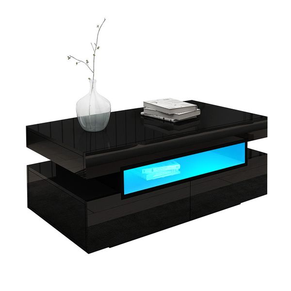 Rectangle Modern High Gloss Coffee Table 4 Drawer Storage Unit Furniture with Shelves LED Lights Black